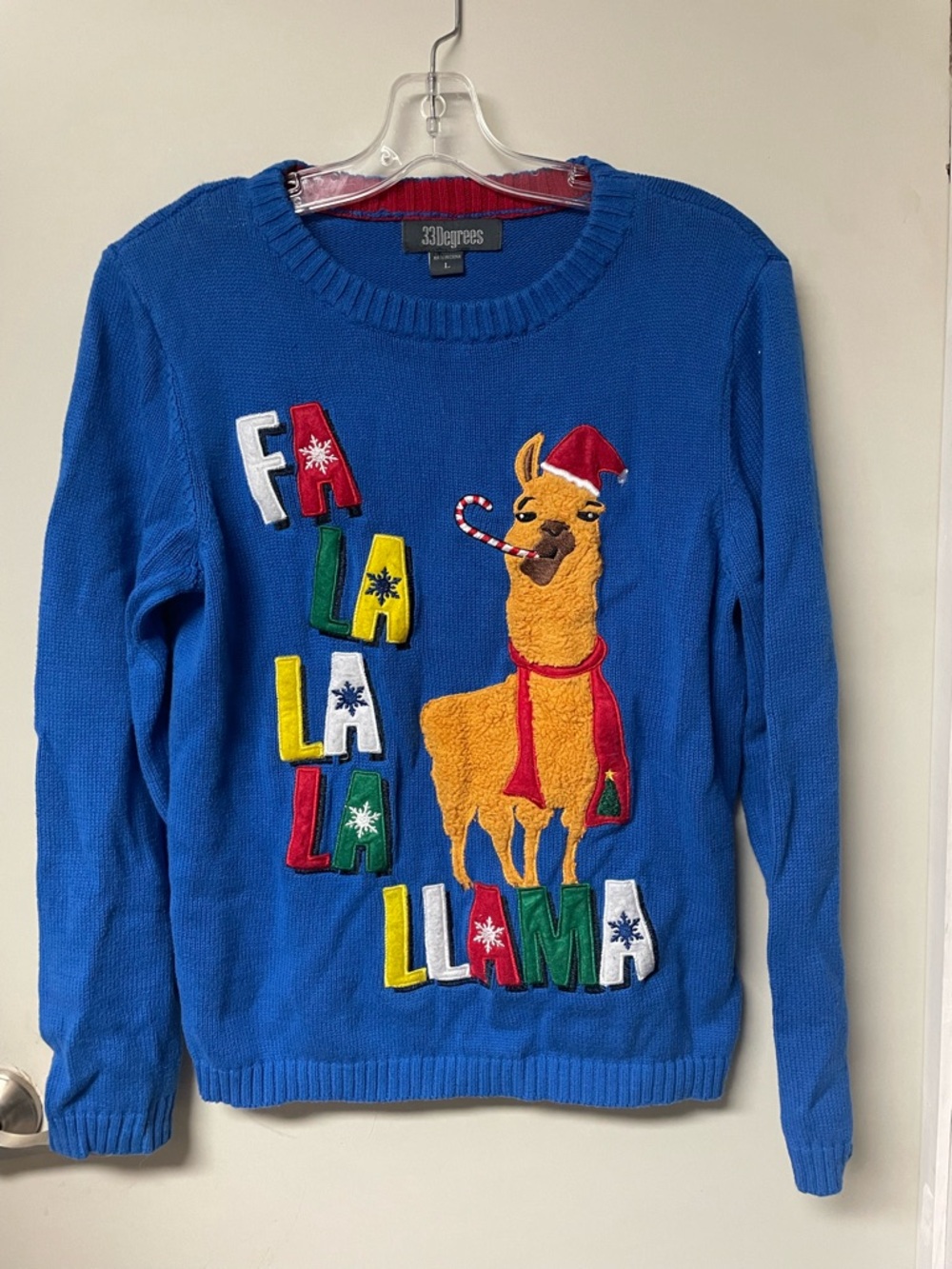 Blue 'Fa La La Llama' Knit. Holiday Crewneck Sweater